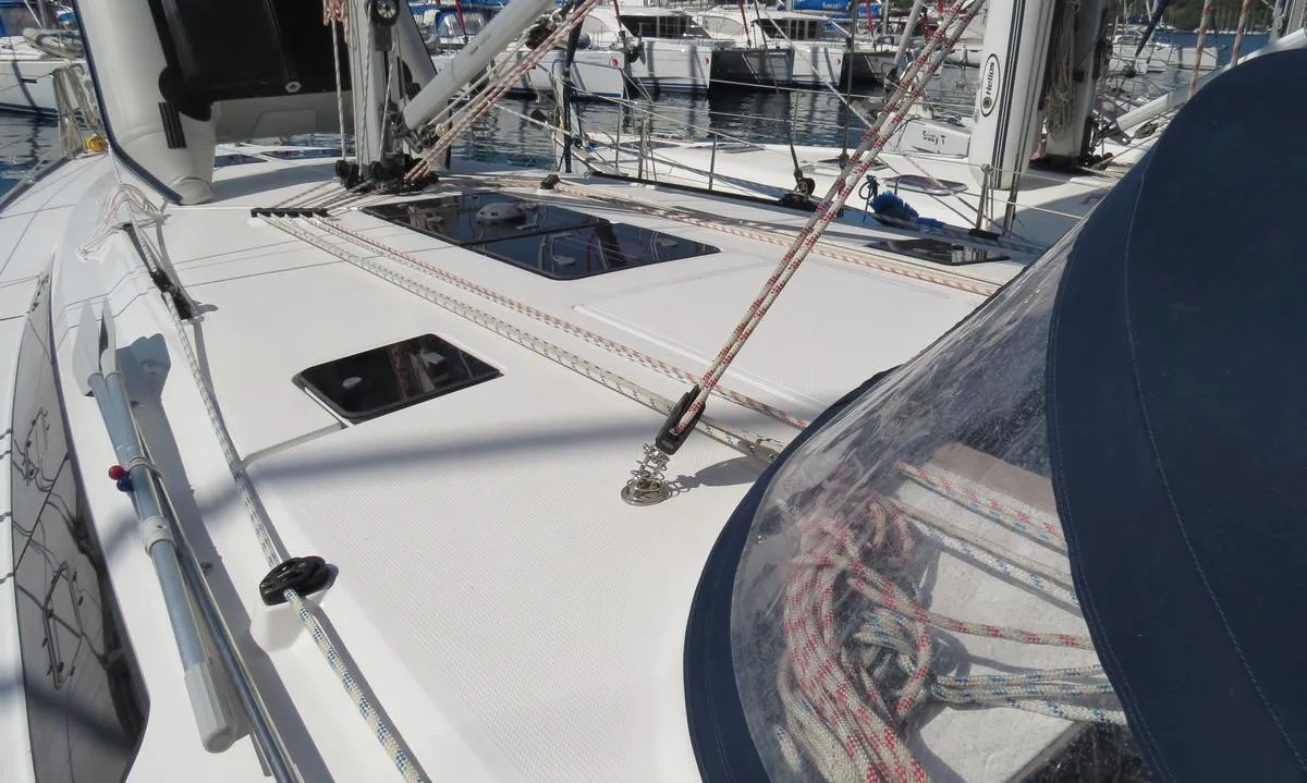 Deck of Sita, a Bavaria Cruiser 46 sailboat at Fethiye, Turkey