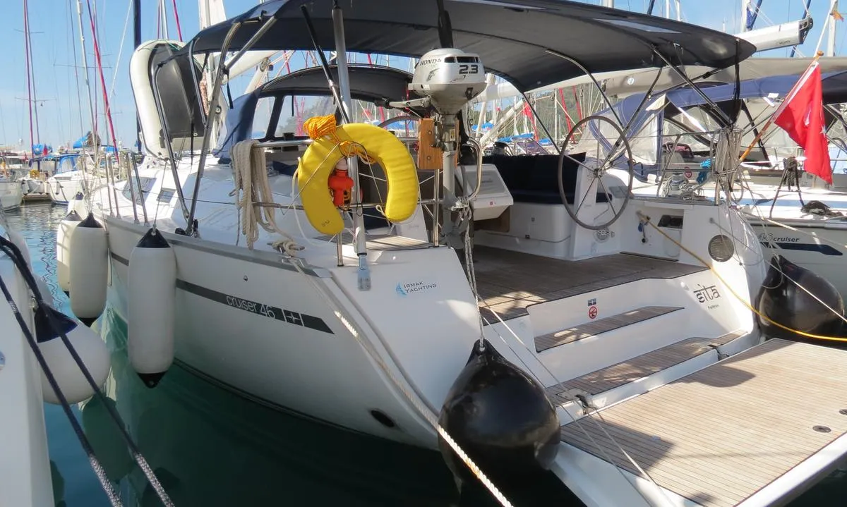 Exterior view of Sita, a Bavaria Cruiser 46 sailboat at Fethiye, Turkey