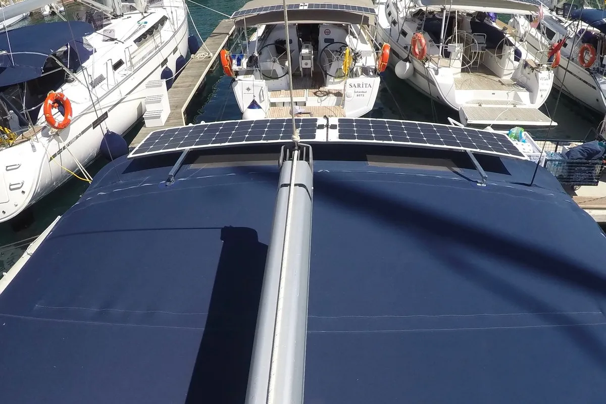 Exterior view of Sita, a Bavaria Cruiser 46 sailboat at Fethiye, Turkey