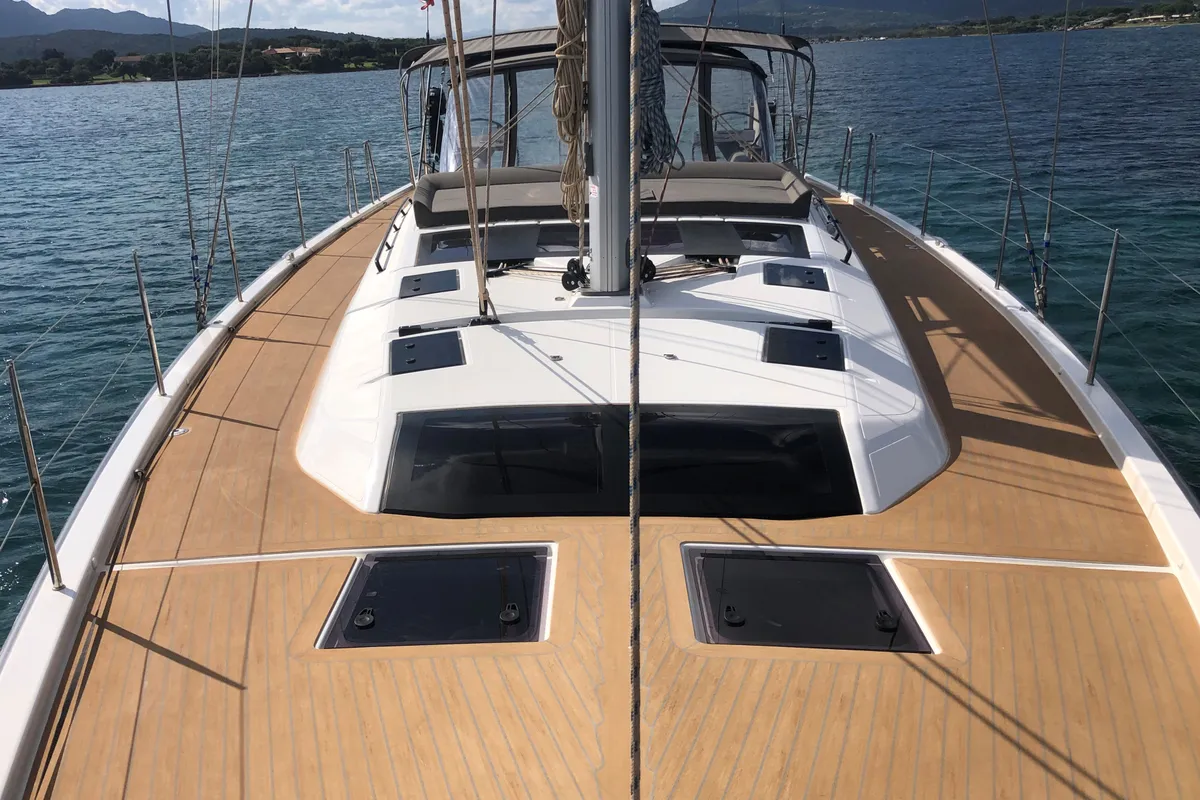Deck of Gringott, a Dufour 530 sailboat at Olbia, Italy