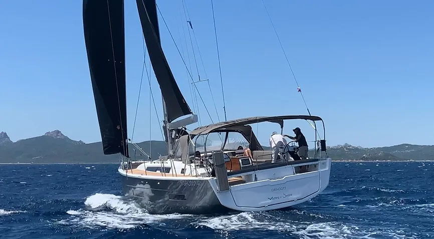 Exterior view of Gringott, a Dufour 530 sailboat at Olbia, Italy