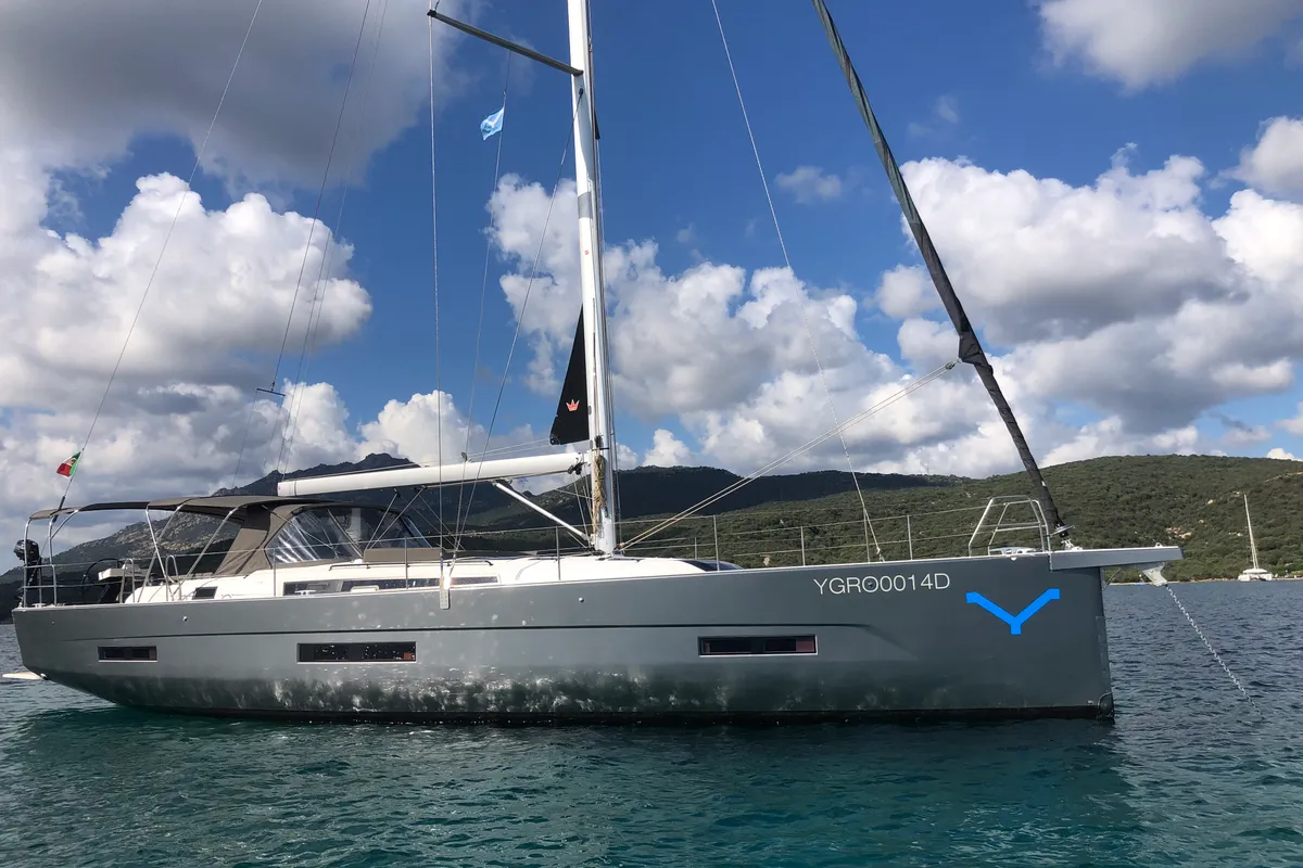 Exterior view of Gringott, a Dufour 530 sailboat at Olbia, Italy