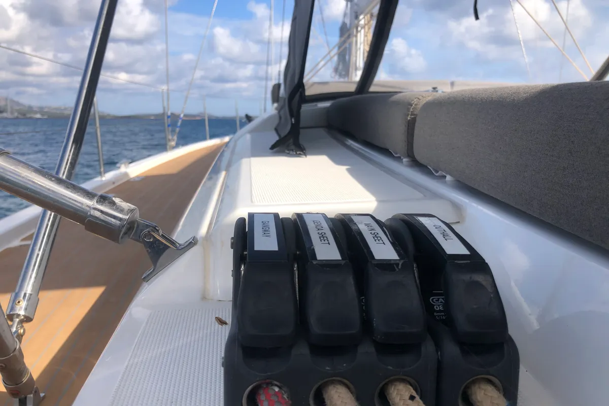 Deck of Gringott, a Dufour 530 sailboat at Olbia, Italy