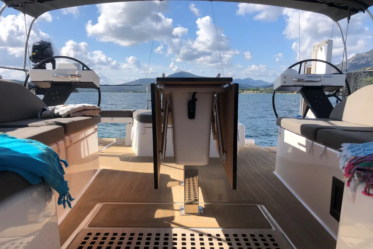 Cockpit of Gringott, a Dufour 530 sailboat at Olbia, Italy
