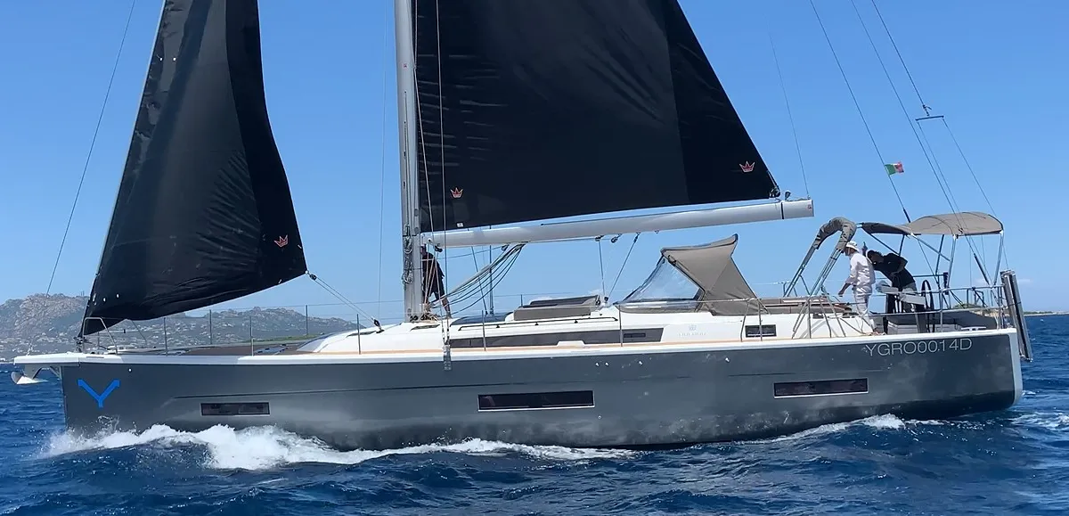 Exterior view of Gringott, a Dufour 530 sailboat at Olbia, Italy