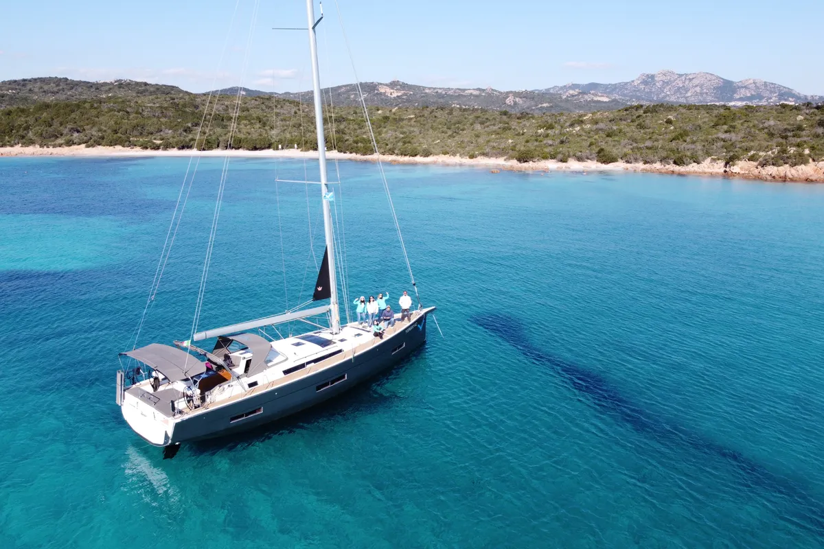 Exterior view of Gringott, a Dufour 530 sailboat at Olbia, Italy