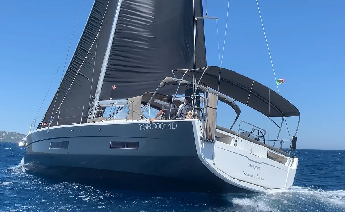Exterior view of Gringott, a Dufour 530 sailboat at Olbia, Italy