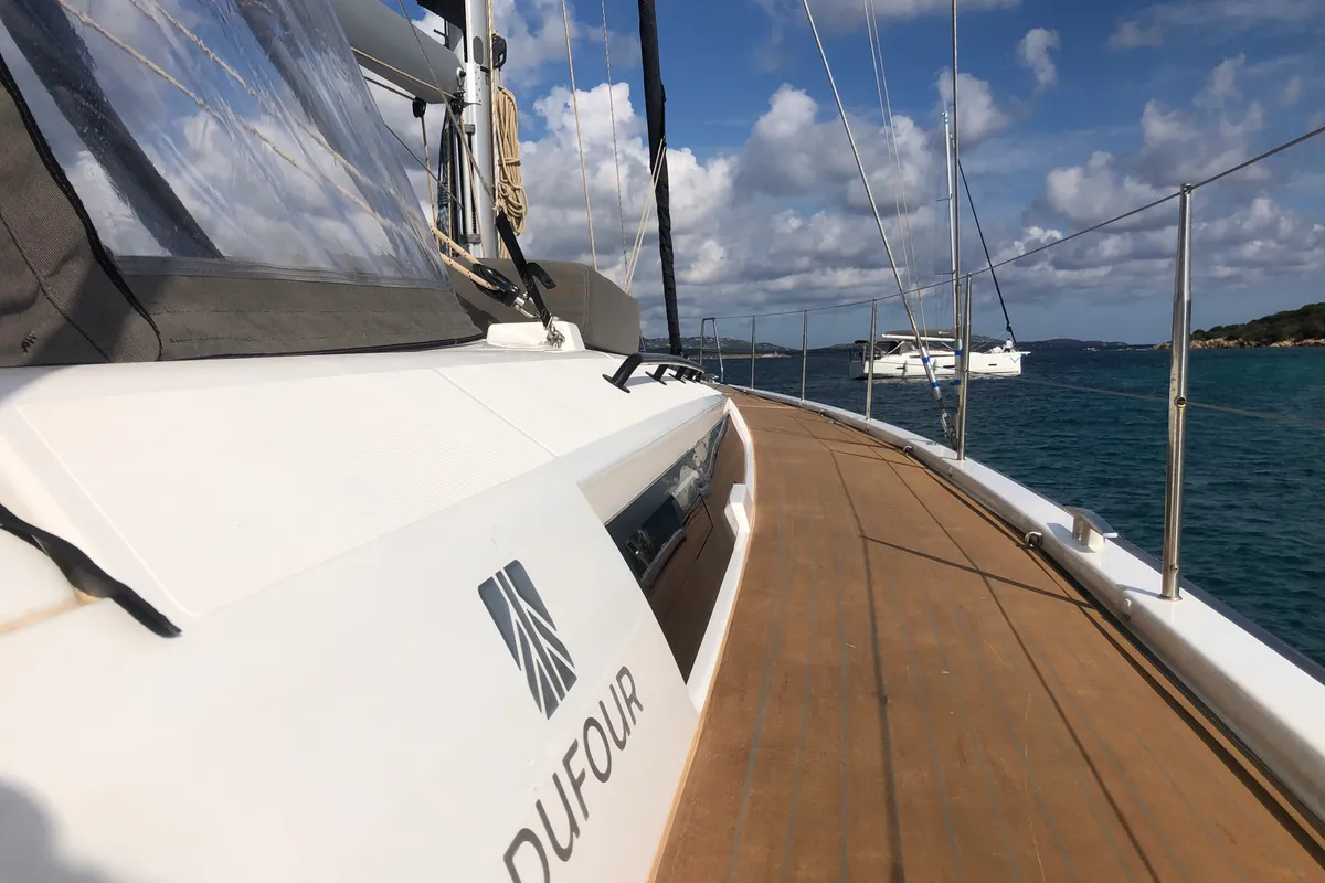 Deck of Gringott, a Dufour 530 sailboat at Olbia, Italy