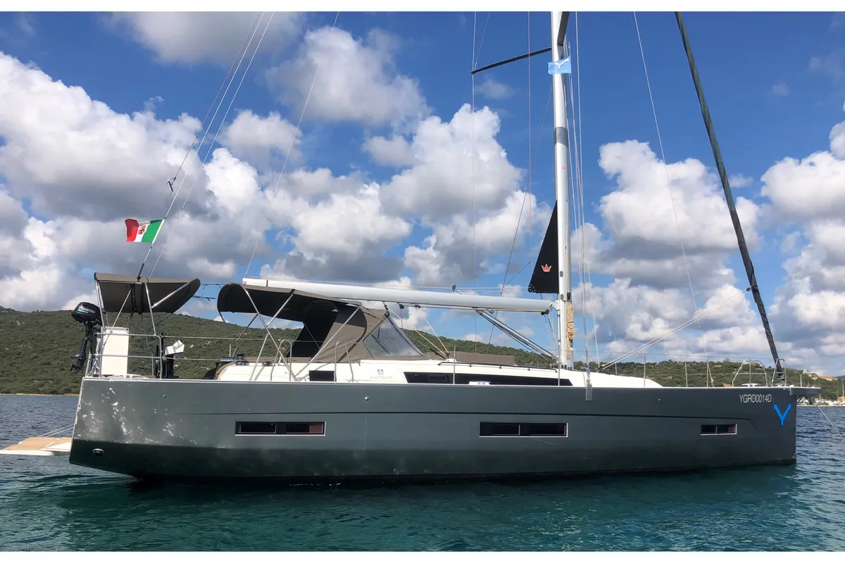 Exterior view of Gringott, a Dufour 530 sailboat at Olbia, Italy