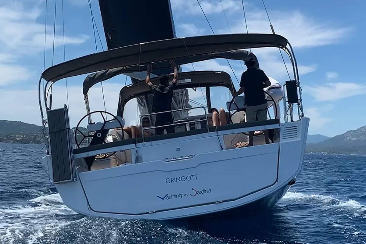 Exterior view of Gringott, a Dufour 530 sailboat at Olbia, Italy