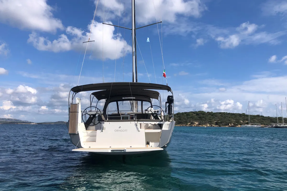 Exterior view of Gringott, a Dufour 530 sailboat at Olbia, Italy