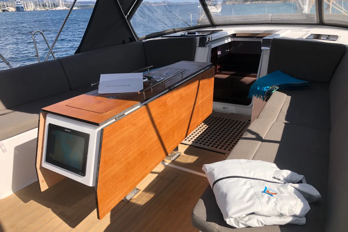 Cockpit of Gringott, a Dufour 530 sailboat at Olbia, Italy