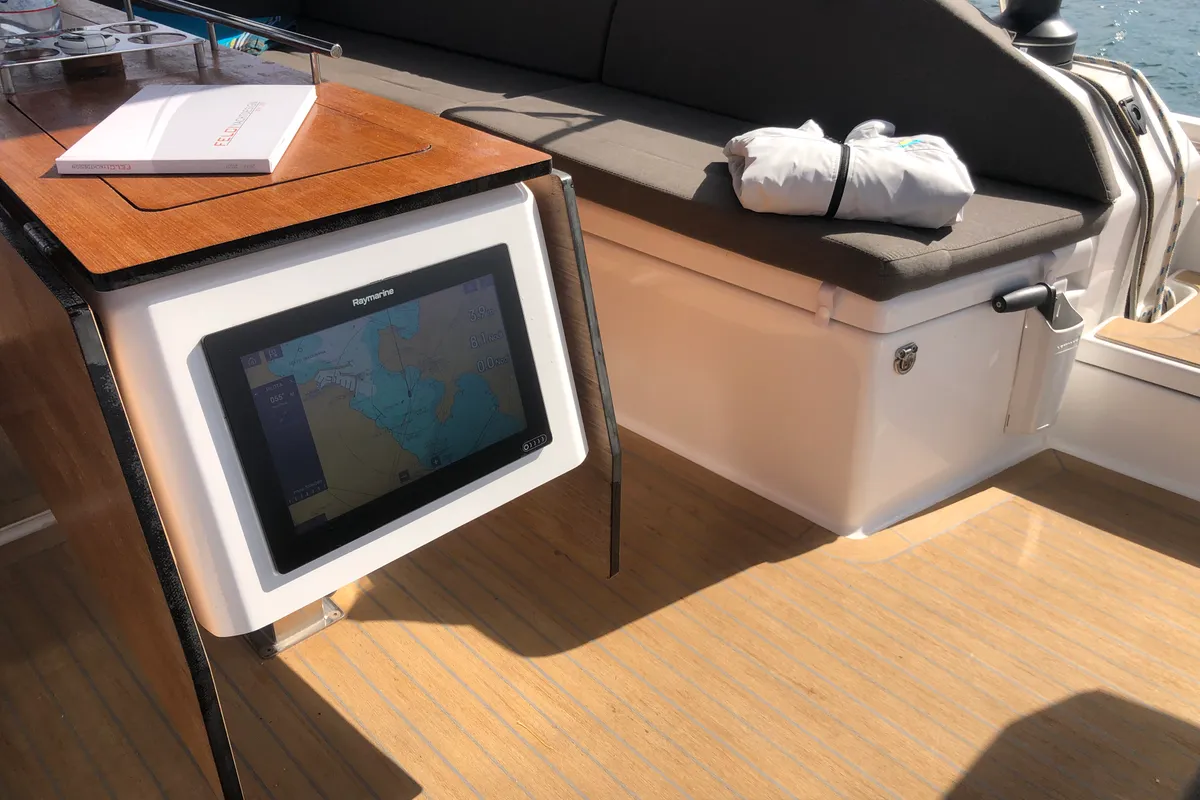 Cockpit of Gringott, a Dufour 530 sailboat at Olbia, Italy