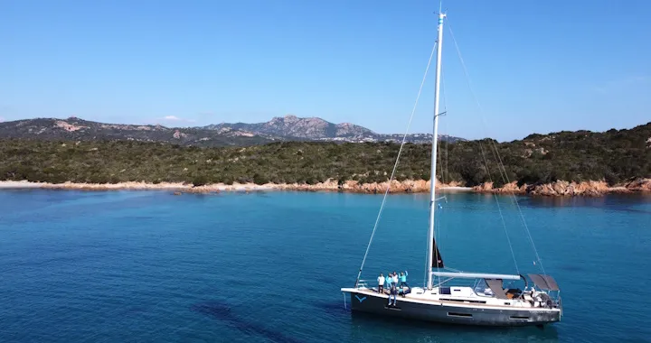 Exterior view of Gringott, a Dufour 530 sailboat at Olbia, Italy