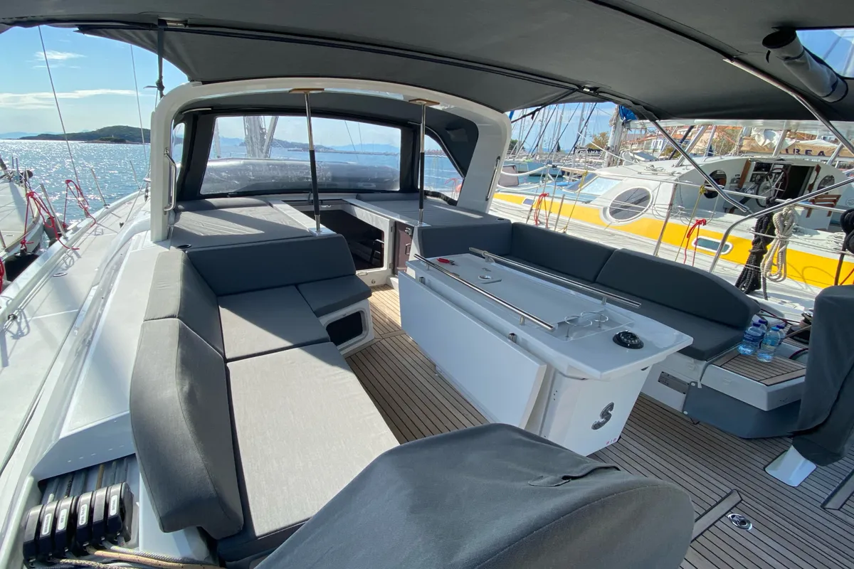 Deck of CAPTAIN GEORGE, a Beneteau Oceanis 51.1 sailboat at Skiathos, Greece