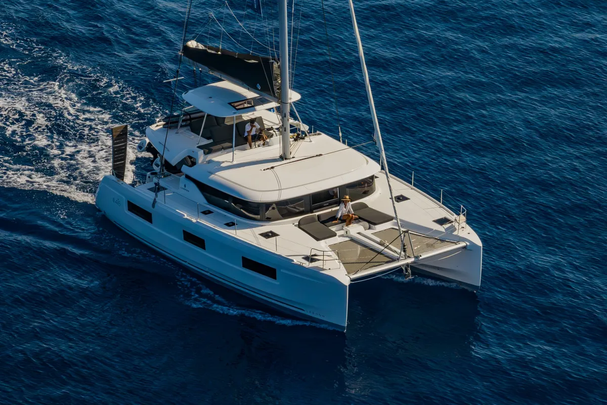 Exterior view of LINO, a Lagoon 46 catamaran at Municipal Unit of Lefkada, Greece