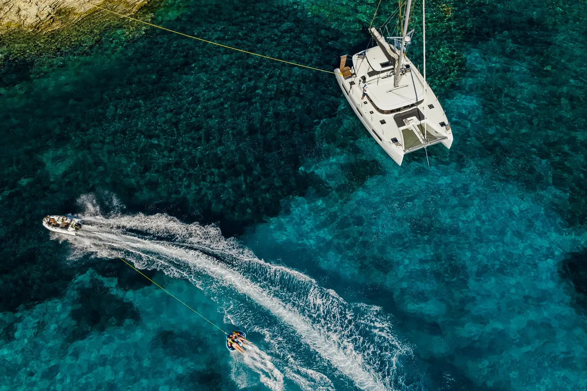 Exterior view of LINO, a Lagoon 46 catamaran at Municipal Unit of Lefkada, Greece