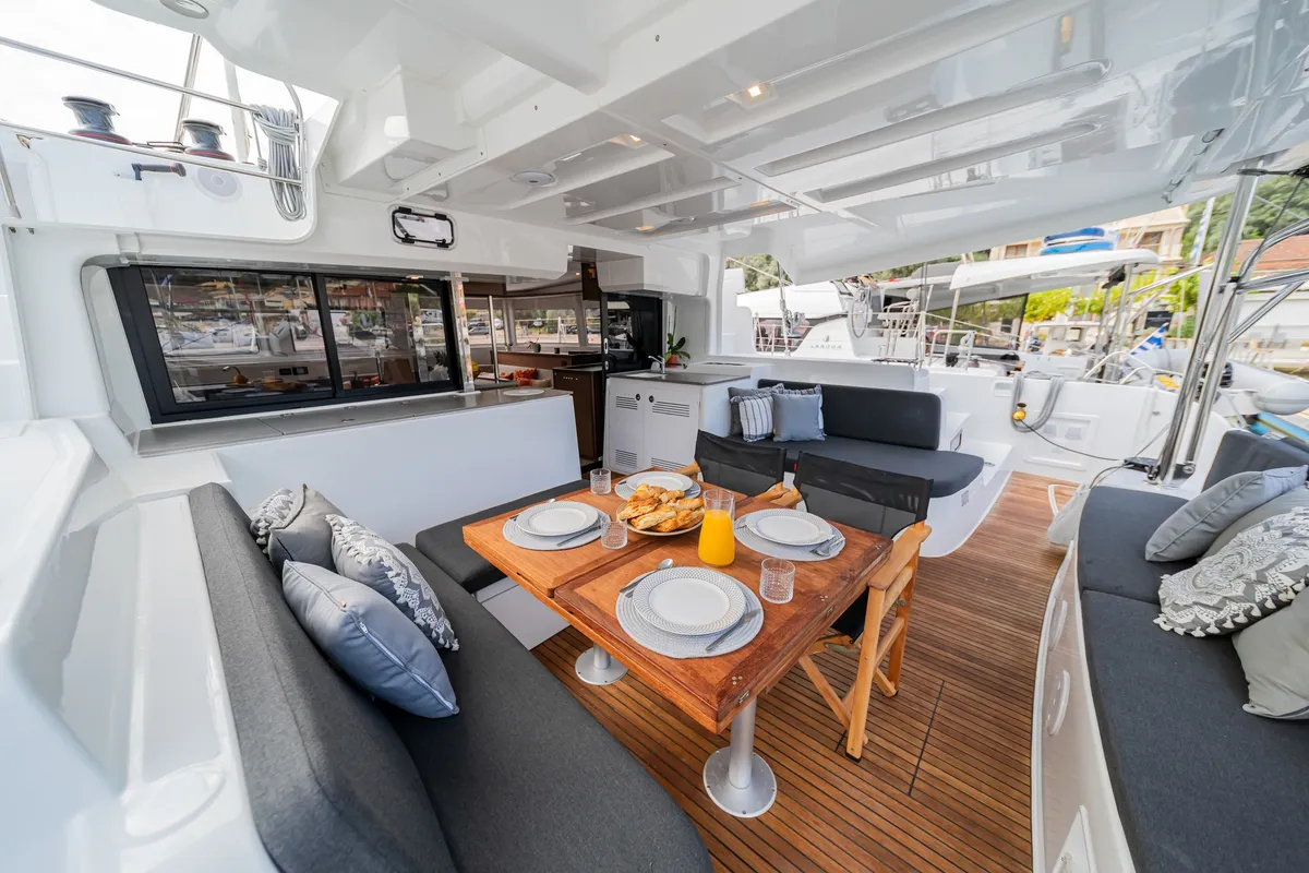Deck of LINO, a Lagoon 46 catamaran at Municipal Unit of Lefkada, Greece