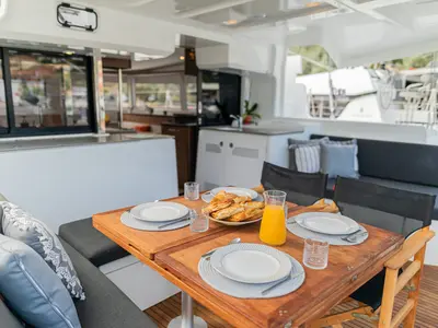 Deck of LINO, a Lagoon 46 catamaran at Municipal Unit of Lefkada, Greece