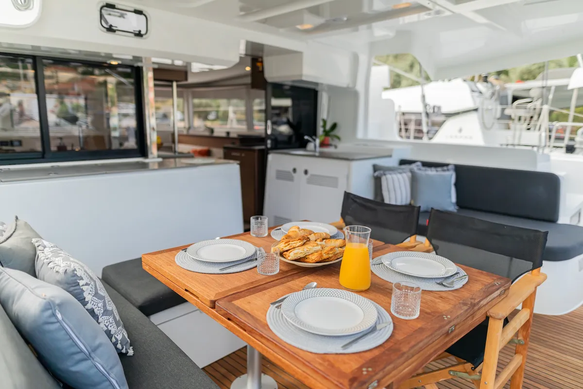 Deck of LINO, a Lagoon 46 catamaran at Municipal Unit of Lefkada, Greece
