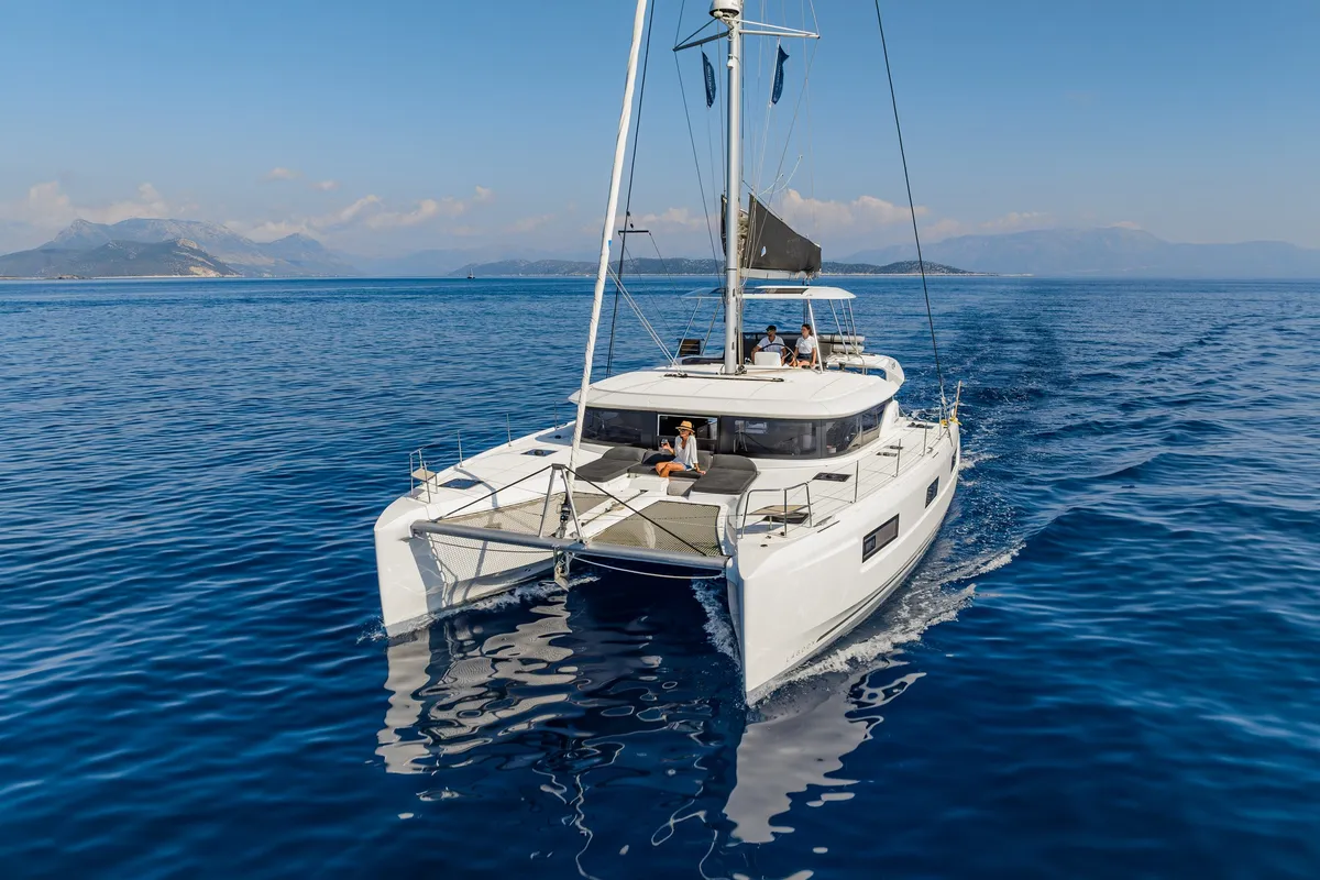 Exterior view of LINO, a Lagoon 46 catamaran at Municipal Unit of Lefkada, Greece