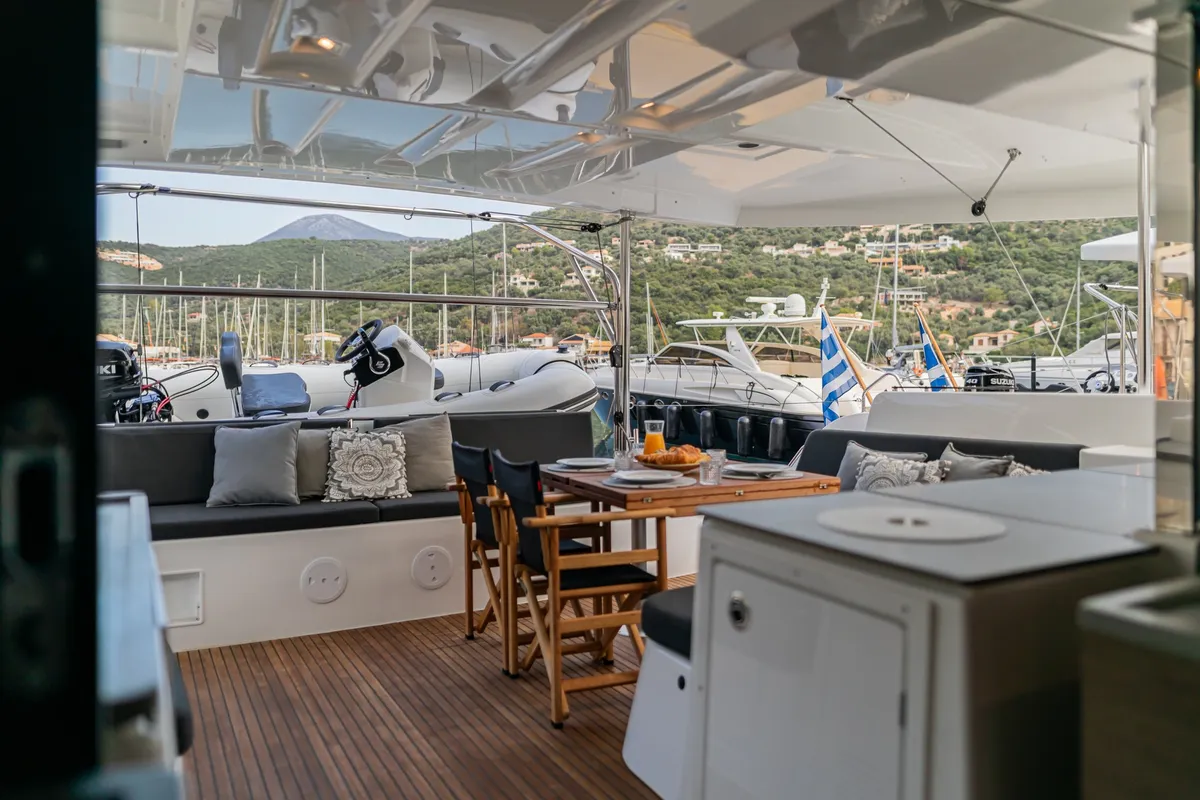 Deck of LINO, a Lagoon 46 catamaran at Municipal Unit of Lefkada, Greece