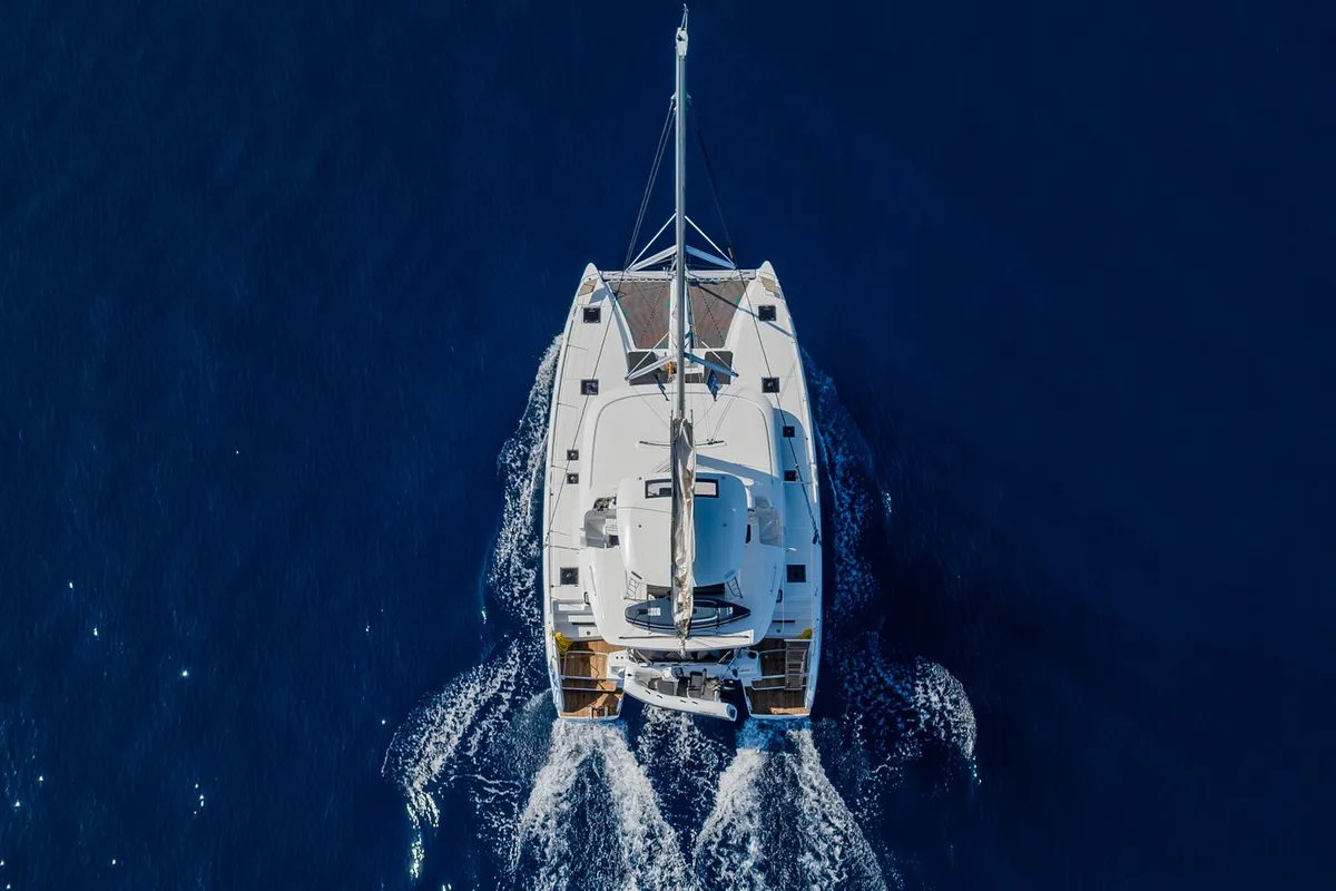 Exterior view of LINO, a Lagoon 46 catamaran at Municipal Unit of Lefkada, Greece