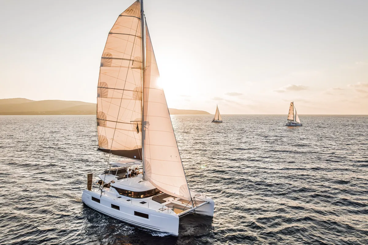 Exterior view of LINO, a Lagoon 46 catamaran at Municipal Unit of Lefkada, Greece