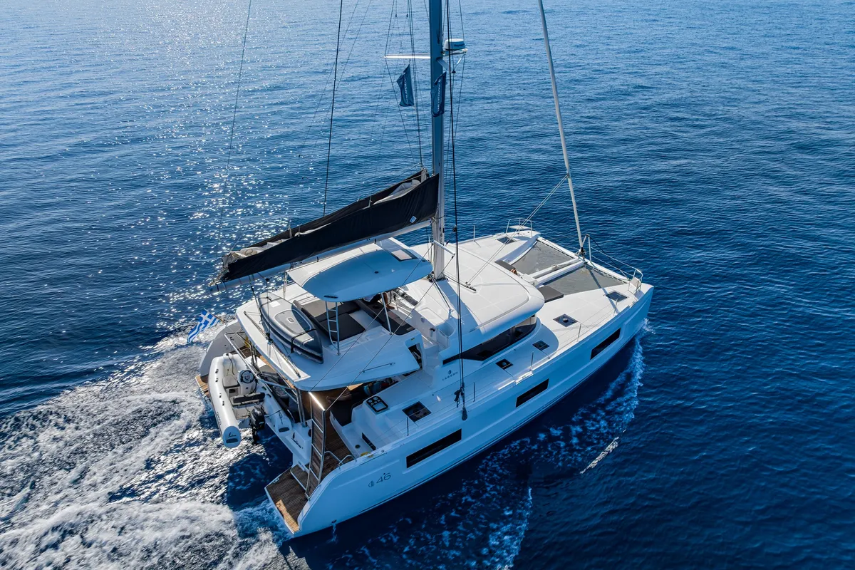 Exterior view of LINO, a Lagoon 46 catamaran at Municipal Unit of Lefkada, Greece