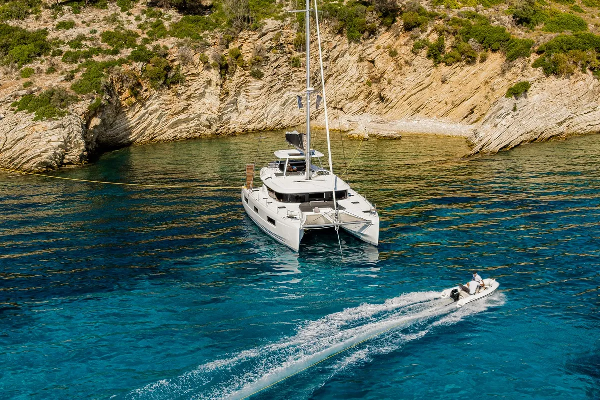 Exterior view of LINO, a Lagoon 46 catamaran at Municipal Unit of Lefkada, Greece