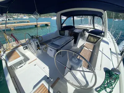 Cockpit of Take a bow, a Beneteau Oceanis 411 sailboat at Road Town, British Virgin Islands