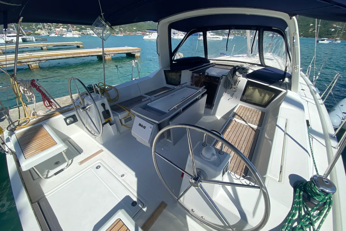 Cockpit of Take a bow, a Beneteau Oceanis 411 sailboat at Road Town, British Virgin Islands