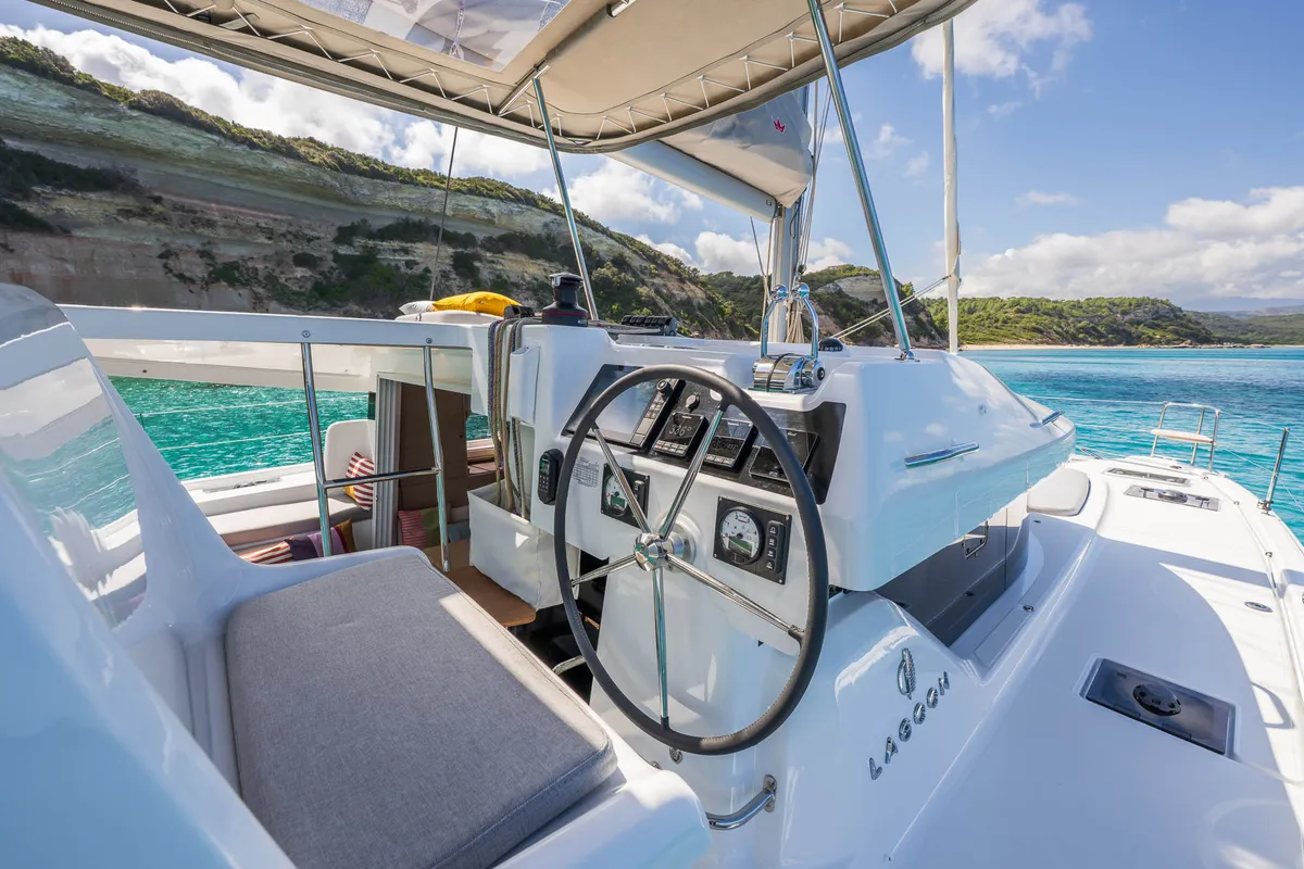 Cockpit of Northcat L38, a Lagoon 38 catamaran at Sipias Municipal Unit, Greece