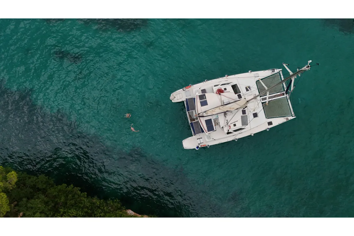Exterior view of Alboran Ron Punch, a Voyage 440 catamaran at Murdeira, Cape Verde