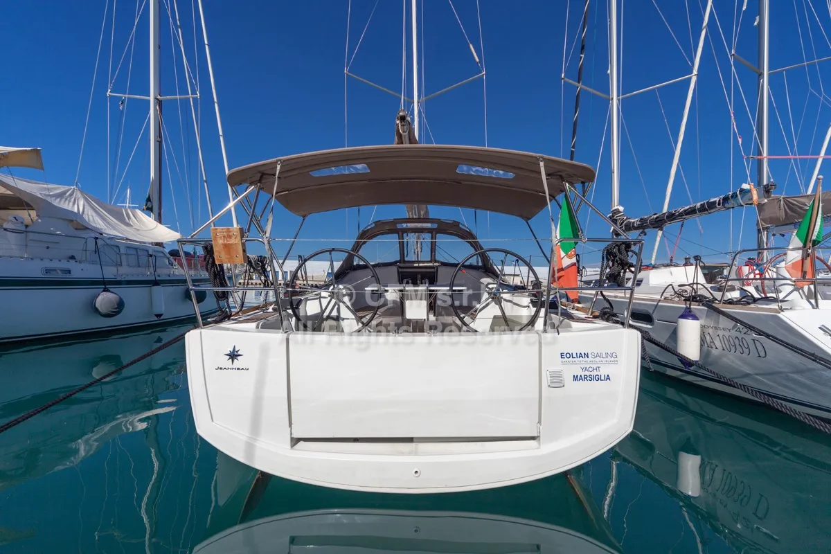 Exterior view of Marsiglia, a Jeanneau Sun Odyssey 349 sailboat at Capo d'Orlando, Italy