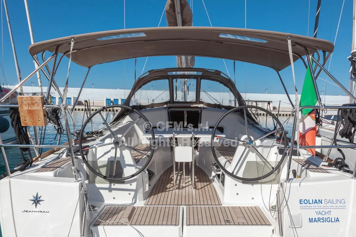 Cockpit of Marsiglia, a Jeanneau Sun Odyssey 349 sailboat at Capo d'Orlando, Italy