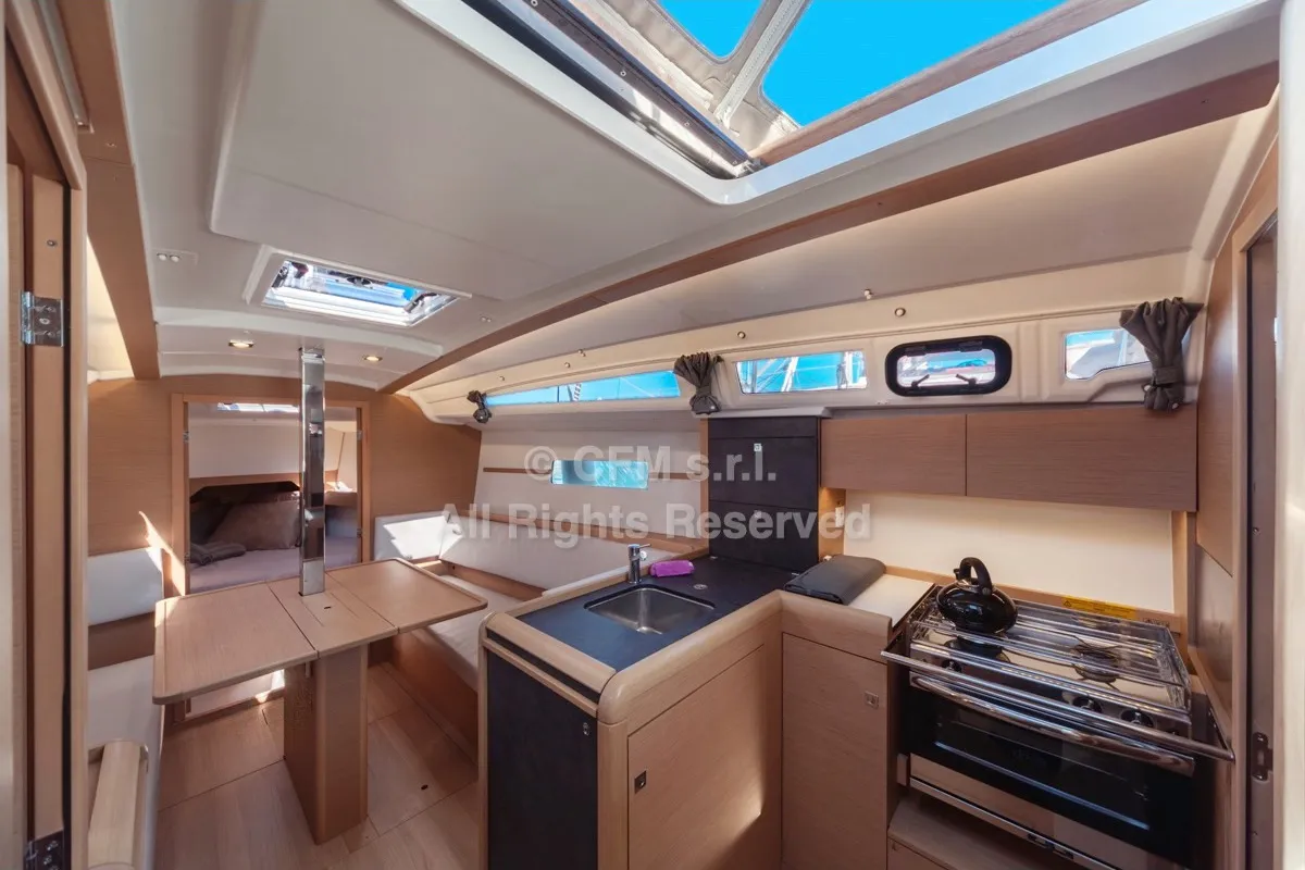 Galley of Marsiglia, a Jeanneau Sun Odyssey 349 sailboat at Capo d'Orlando, Italy