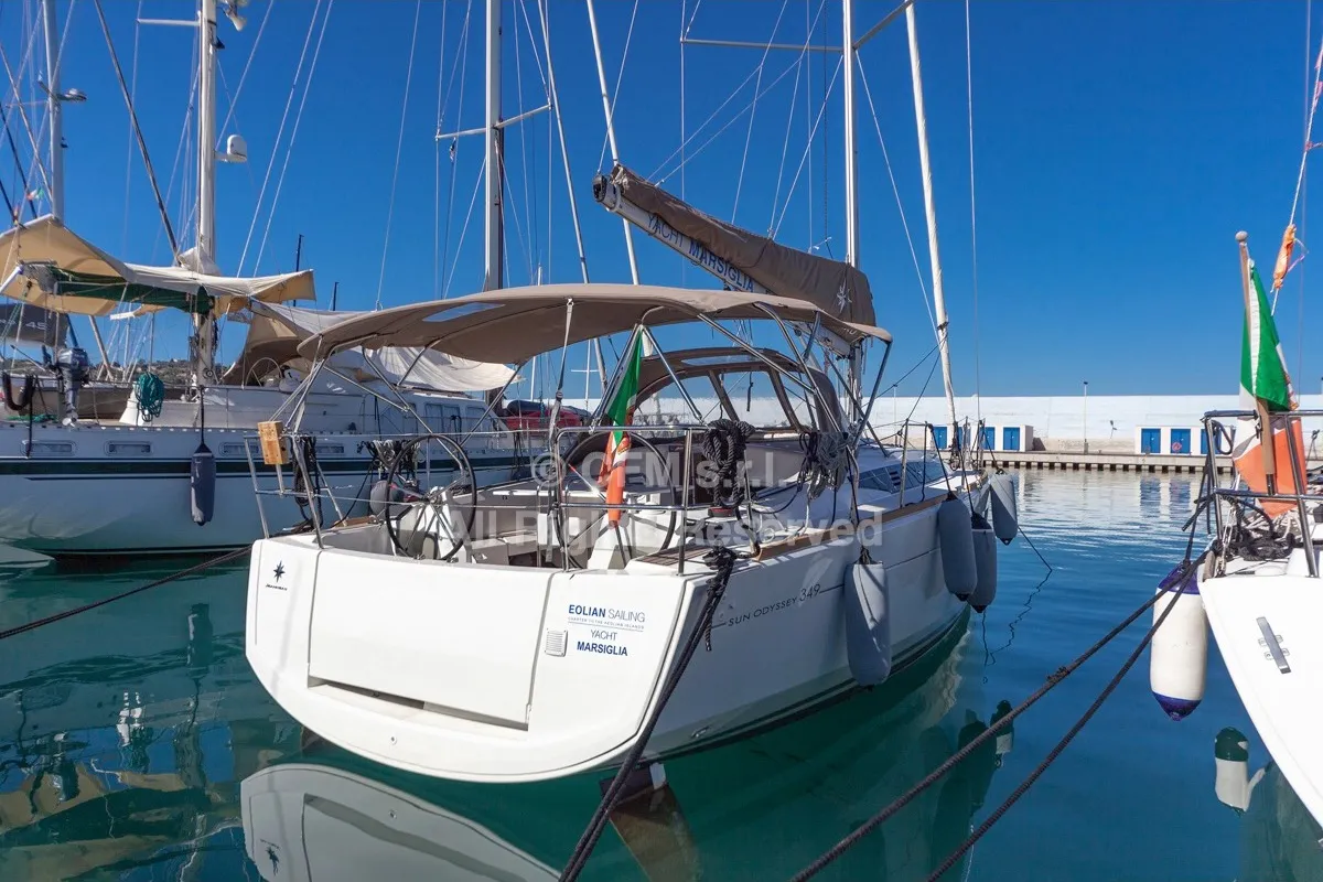 Exterior view of Marsiglia, a Jeanneau Sun Odyssey 349 sailboat at Capo d'Orlando, Italy