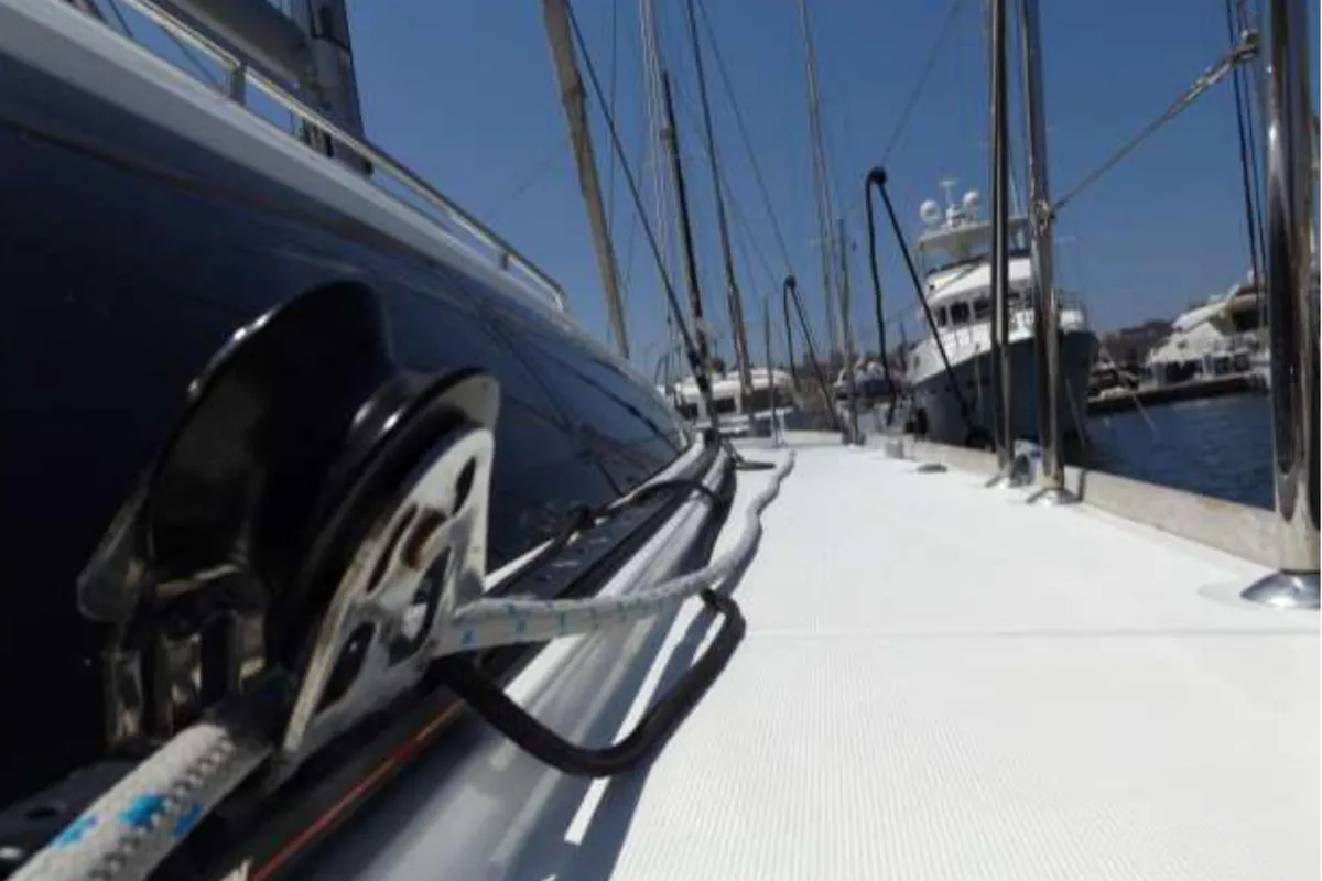 Deck of Big Fella Thanks, a Jeanneau 53 sailboat at Kalkara, Malta