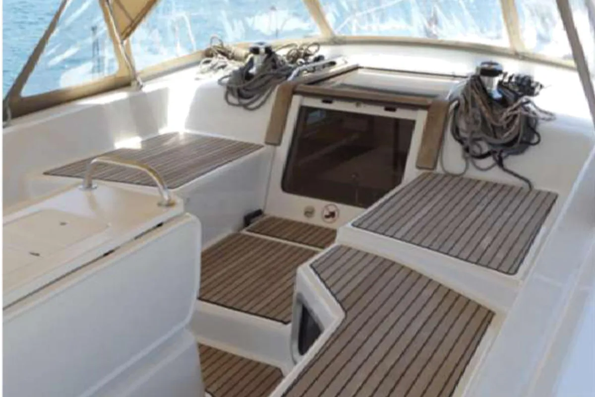 Cockpit of Big Fella Thanks, a Jeanneau 53 sailboat at Kalkara, Malta