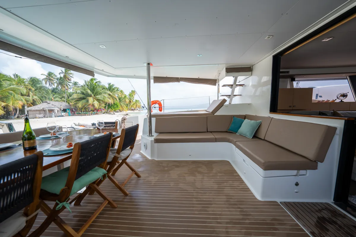Deck of Maya Ulu, a Fountaine Pajot Ipanema 58 catamaran at San Blas, Panama