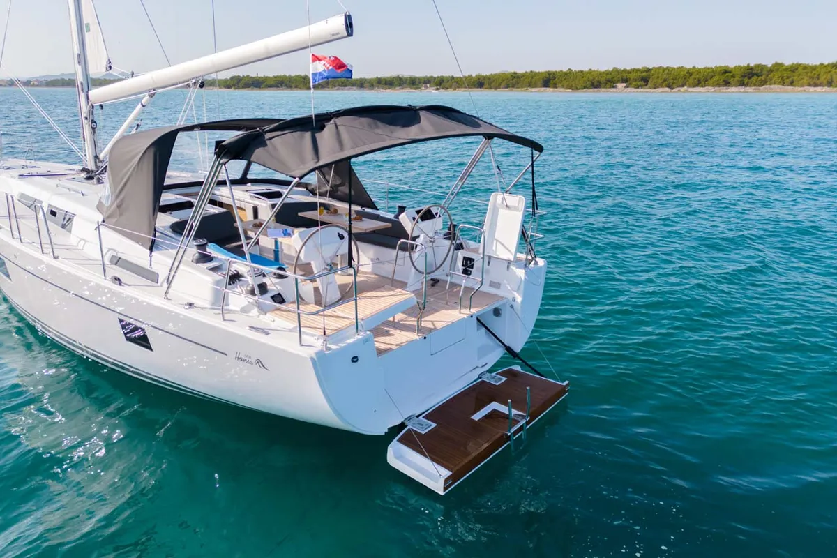 Deck of Mare Estrella, a Hanse 508 sailboat at Grad Šibenik, Croatia
