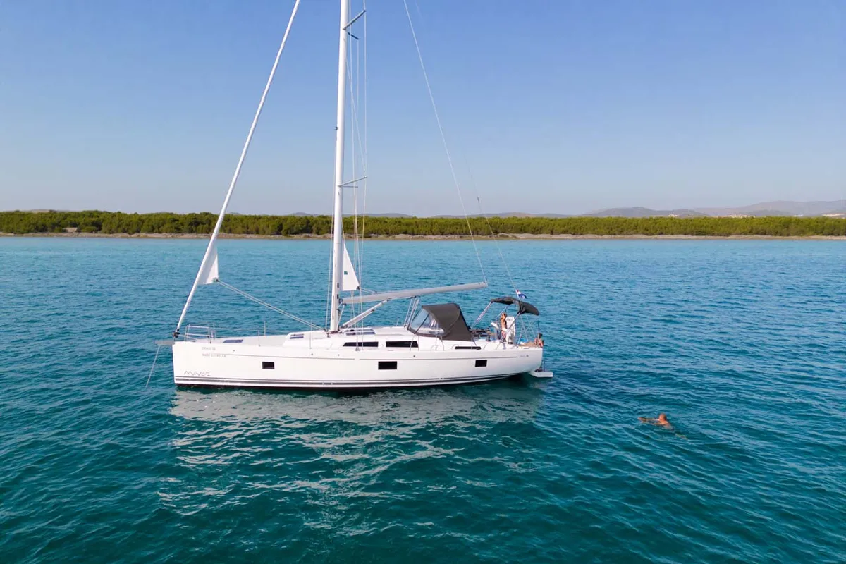Exterior view of Mare Estrella, a Hanse 508 sailboat at Grad Šibenik, Croatia