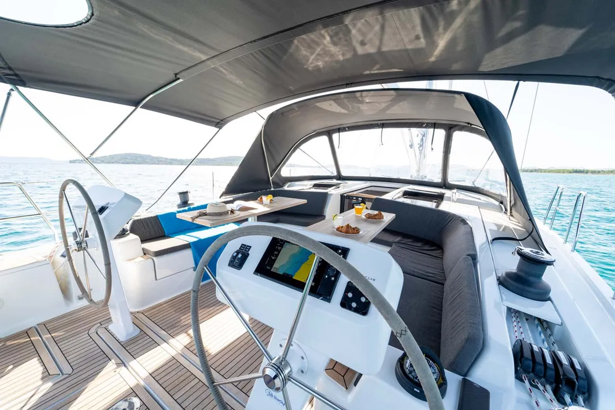 Cockpit of Mare Estrella, a Hanse 508 sailboat at Grad Šibenik, Croatia