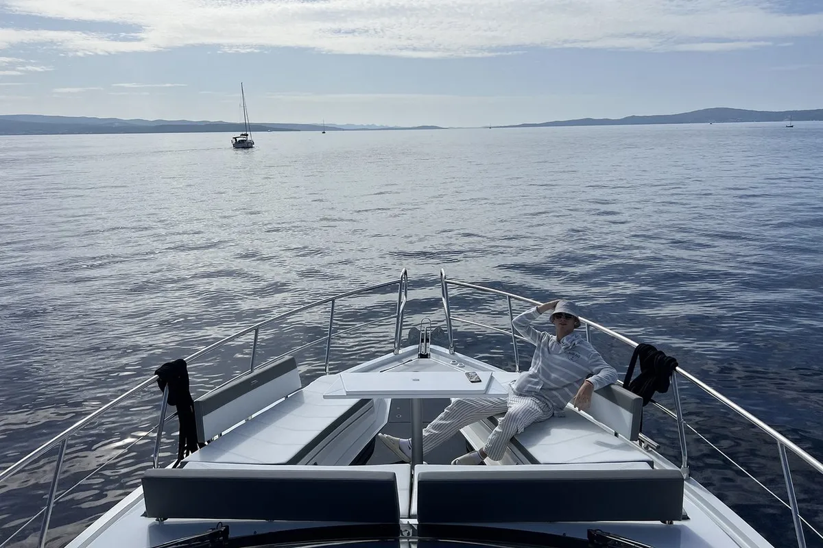 Exterior view of Champ Atlantis, a Galeon 500 Fly motor yacht at Grad Kaštela, Croatia