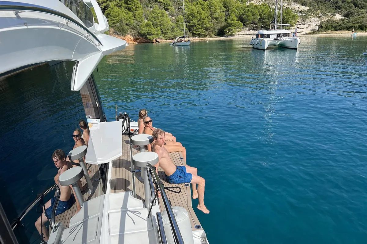 Exterior view of Champ Atlantis, a Galeon 500 Fly motor yacht at Grad Kaštela, Croatia