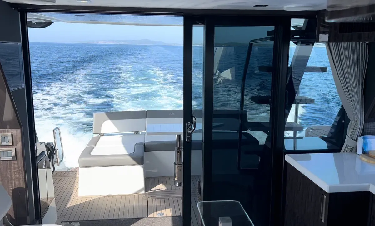 Deck of Champ Atlantis, a Galeon 500 Fly motor yacht at Grad Kaštela, Croatia