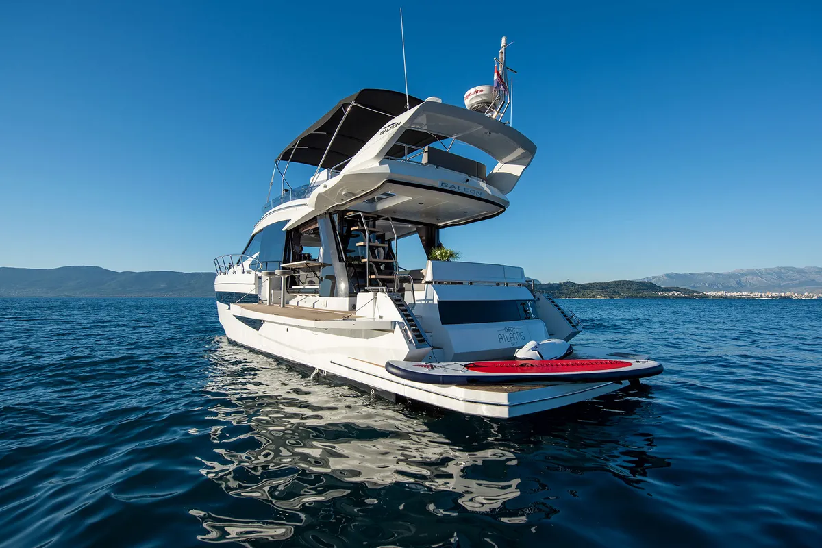 Exterior view of Champ Atlantis, a Galeon 500 Fly motor yacht at Grad Kaštela, Croatia