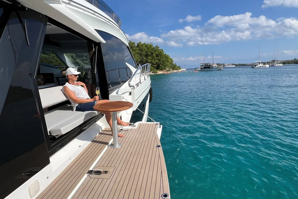Deck of Champ Atlantis, a Galeon 500 Fly motor yacht at Grad Kaštela, Croatia