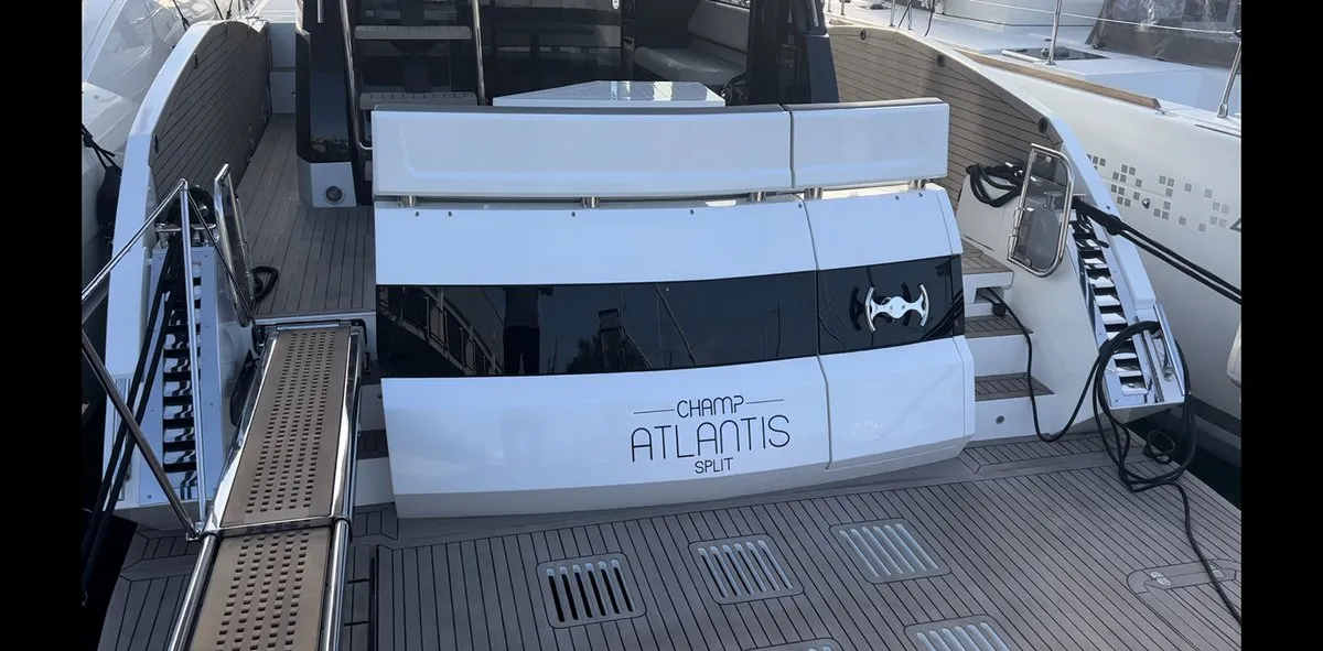 Exterior view of Champ Atlantis, a Galeon 500 Fly motor yacht at Grad Kaštela, Croatia